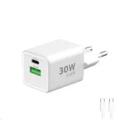 WG - GaN Netzwerk-Ladegerät 2x USB 30W, 1x USB-C PD3.0 PPS QC4 30W   USB-A 18W, Typ-C zu Typ-C Kabel, weiß
