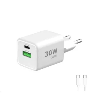WG - GaN Netzwerk-Ladegerät 2x USB 30W, 1x USB-C PD3.0 PPS QC4 30W   USB-A 18W, Typ-C zu Typ-C Kabel, weiß