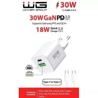 WG - GaN Netzwerk-Ladegerät 2x USB 30W, 1x USB-C PD3.0 PPS QC4 30W   USB-A 18W, Typ-C zu Typ-C Kabel, weiß