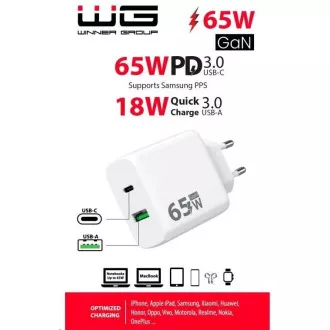 WG - GaN Netzwerk-Ladegerät 2x USB 65W, 1x USB-C PD 65W   1x USB-A QC3.0 18W, weiß