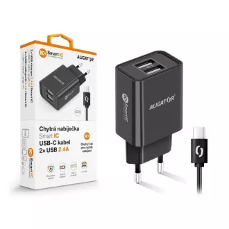 Alligator Netzladegerät, 2x USB, smart IC, 2, 4 A, USB-C 2A Kabel, schwarz Alligator Netzladegerät, 2x USB, smart IC, 2, 4 A, USB-C 2A Kabel, schwarz