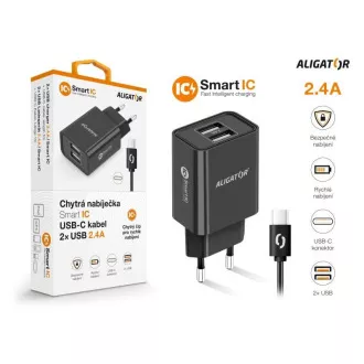 Alligator Netzladegerät, 2x USB, smart IC, 2, 4 A, USB-C 2A Kabel, schwarz Alligator Netzladegerät, 2x USB, smart IC, 2, 4 A, USB-C 2A Kabel, schwarz