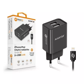 Alligator Netzladegerät, 2x USB, smart IC, 2, 4 A, Lightning 2A Kabel, schwarz