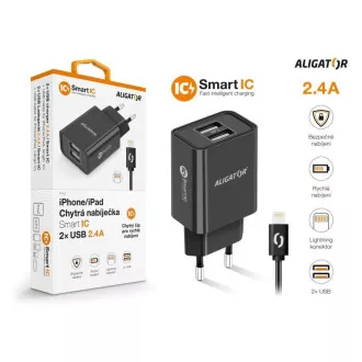 Alligator Netzladegerät, 2x USB, smart IC, 2, 4 A, Lightning 2A Kabel, schwarz