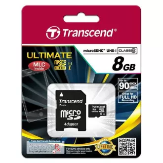 TRANSCEND MicroSDHC-Karte 8GB Ultimate, Klasse 10 UHS-I 600x, MLC + Adapter