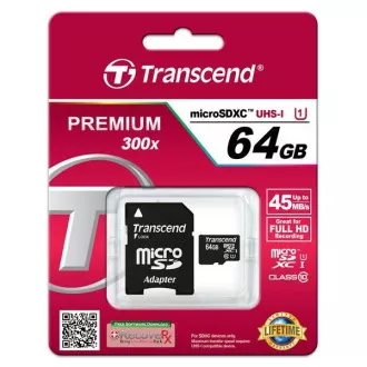 TRANSCEND MicroSDXC-Karte 64GB Premium, Klasse 10 UHS-I 400x (R: 85 / B: 35 MB / s) + Adapter