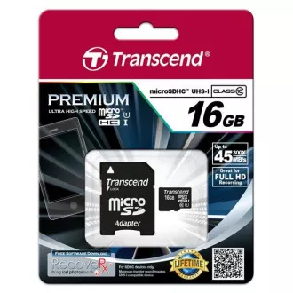 TRANSCEND MicroSDHC-Karte 16GB Premium, Klasse 10 UHS-I 300x + Adapter