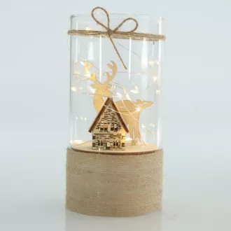 Eurolamp Glasdekor mit einem Häuschen und einem Rentier, 9 x 18 cm