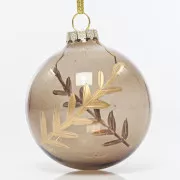 Eurolamp Weihnachtsdekorationen Glas braun transparent Kugel mit Rose Gold Blätter, 8 cm, Satz von 4
