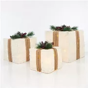 Eurolamp Weihnachtsdekoration beleuchtete Geschenkboxen mit weißem Fell, 3er-Set, 15/20/25 cm