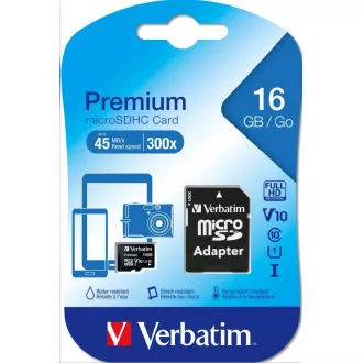 VERBATIM MicroSDHC-Karte 16 GB Premium, U1 + SD-Adapter