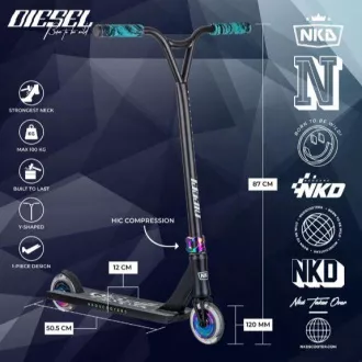NKD Diesel Stunt Freestyle Scooter, Schwarz und Regenbogen