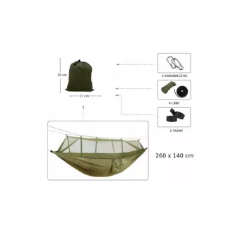 Hänge-Campingnetz 260x140 cm, für eine Person, belastbar bis 190 kg, Grün Hänge-Campingnetz 260x140 cm, für eine Person, belastbar bis 190 kg, Grün