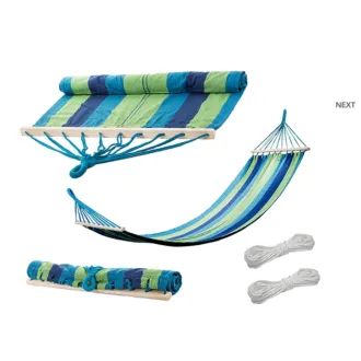Baumwoll-Hängematte, blau-grün, mit Gestell – 200 x 80 cm Baumwoll-Hängematte, blau-grün, mit Gestell – 200 x 80 cm