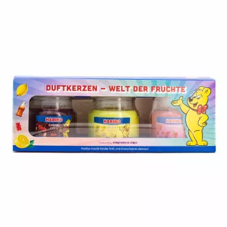 Verpackung - Haribo Lemon Fruits/Cherry Cola/Strawberry Happiness Kerzen-Set 3 x 85 g Verpackung - Haribo Lemon Fruits/Cherry Cola/Strawberry Happiness Kerzen-Set 3 x 85 g