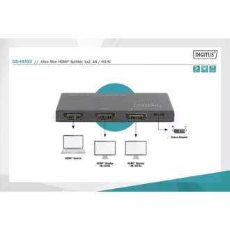Digitus Ultra Thin HDMI Splitter, 1x2, 4K/60Hz HDR, HDCP 2.2, 18 Gbps, Micro USB powered Digitus Ultra Thin HDMI Splitter, 1x2, 4K/60Hz HDR, HDCP 2.2, 18 Gbps, Micro USB powered