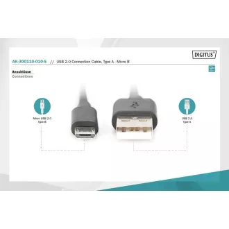 Digitus USB 2.0 Kabel USB A Stecker auf USB micro B Stecker, 2x geschirmt, Kupfer, 1m