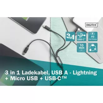 USB-Ladekabel, 3 in 1, USB A - Lightning micro B Type-C 1m, Kabel, Baumwolle, CE, bl USB-Ladekabel, 3 in 1, USB A - Lightning micro B Type-C 1m, Kabel, Baumwolle, CE, bl