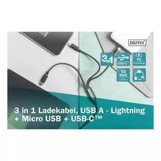 USB-Ladekabel, 3 in 1, USB A - Lightning micro B Type-C 1m, Kabel, Baumwolle, CE, bl USB-Ladekabel, 3 in 1, USB A - Lightning micro B Type-C 1m, Kabel, Baumwolle, CE, bl
