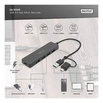Digitus USB 3.0 Hub 4-Port, Slim Line, 0,2m Kabel Digitus USB 3.0 Hub 4-Port, Slim Line, 0,2m Kabel