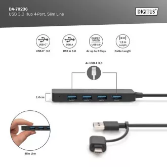 Digitus USB 3.0 Hub 4-Port, Slim Line, 1,2m Kabel