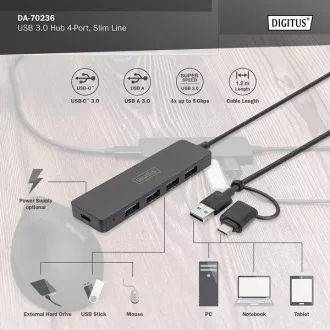 Digitus USB 3.0 Hub 4-Port, Slim Line, 1,2m Kabel
