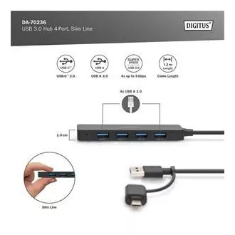 Digitus USB 3.0 Hub 4-Port, Slim Line, 1,2m Kabel