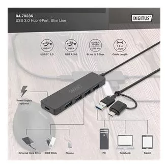 Digitus USB 3.0 Hub 4-Port, Slim Line, 1,2m Kabel