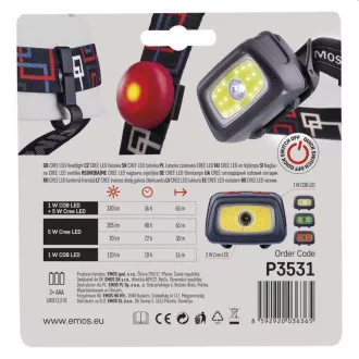 Emos LED-Stirnlampe P3531, 330 lm, 65m, 1x CREE   1x COB   rote LED hinten, 3x AAA  CR2032