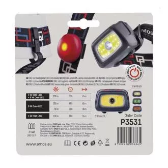Emos LED-Stirnlampe P3531, 330 lm, 65m, 1x CREE   1x COB   rote LED hinten, 3x AAA  CR2032