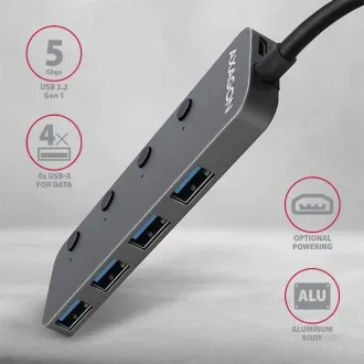 AXAGON HUE-MSA, 4x USB 3.2 Gen 1 SWITCH-Hub, Metall, Micro-USB-Stromanschluss, USB-A-Kabel 20cm