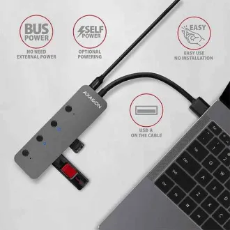 AXAGON HUE-MSA, 4x USB 3.2 Gen 1 SWITCH-Hub, Metall, Micro-USB-Stromanschluss, USB-A-Kabel 20cm