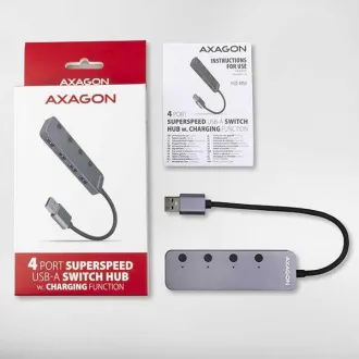 AXAGON HUE-MSA, 4x USB 3.2 Gen 1 SWITCH-Hub, Metall, Micro-USB-Stromanschluss, USB-A-Kabel 20cm