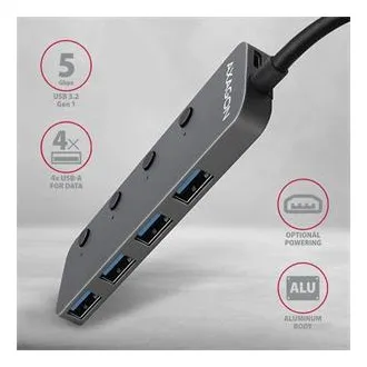 AXAGON HUE-MSA, 4x USB 3.2 Gen 1 SWITCH-Hub, Metall, Micro-USB-Stromanschluss, USB-A-Kabel 20cm