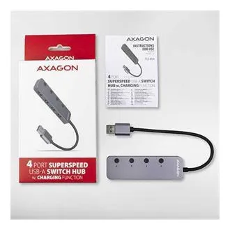 AXAGON HUE-MSA, 4x USB 3.2 Gen 1 SWITCH-Hub, Metall, Micro-USB-Stromanschluss, USB-A-Kabel 20cm
