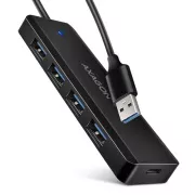 AXAGON HUE-C1A Reise-Hub mit vier USB-A 5Gbps-Anschlüssen/USB-C-Anschluss für externe Stromversorgung/Kabel 19 cm