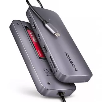 AXAGON HMC-6GM2 Multi-Port USB-C 10Gbps Hub. NVMe/SATA M.2, HDMI, Kartenleser und Power Delivery. USB-C Kabel 20 cm