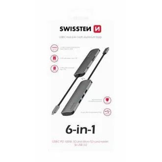 SWISSTEN USB-C-Hub 6-in-1 (USB-C PD, 3x USB 3.0, SD, Micro-SD) Aluminium