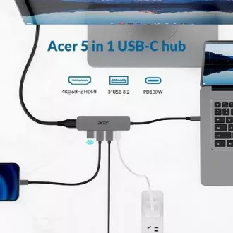 Acer 5IN1 Mini Dock statioType- C Dongle, 1x HDMI (bis zu 3840x2160@60hz), 3x USB 3.0 5Gbps Ports, 1x Type-C bis zu 100W PD Port (Host)