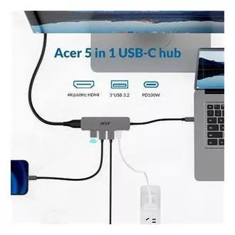 Acer 5IN1 Mini Dock statioType- C Dongle, 1x HDMI (bis zu 3840x2160@60hz), 3x USB 3.0 5Gbps Ports, 1x Type-C bis zu 100W PD Port (Host)