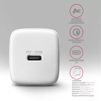 AXAGON ACU-PD20W, 20W Netzladegerät, 1x USB-C Anschluss, PD3.0/PPS/QC4 /AFC/Apple, weiß AXAGON ACU-PD20W, 20W Netzladegerät, 1x USB-C Anschluss, PD3.0/PPS/QC4 /AFC/Apple, weiß