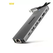 AXAGON HMC-7HX2, USB 5Gbps Hub, 2x USB-A, USB-C, 2x HDMI 4k/60Hz, RJ-45 GLAN, PD 100W, USB-C Kabel 15cm