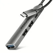 AXAGON HUE-STC, 4x USB-ALU-STRIP-Hub, 1x USB-A 5 Gbit/s, 2x USB-A und 1x USB-C 480 Mbit/s, USB-C-Kabel 12 cm
