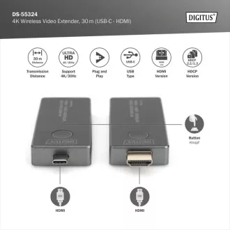 DIGITUS DS-55324 4K Wireless Video Extender Set, 30 m (USB-C - HDMI) DIGITUS DS-55324 4K Wireless Video Extender Set, 30 m (USB-C - HDMI)