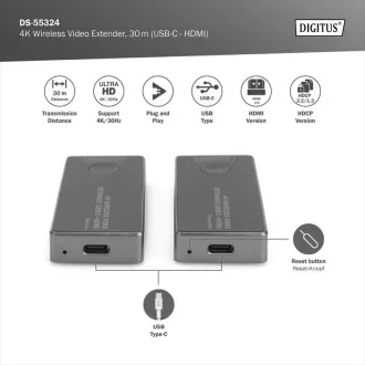 DIGITUS DS-55324 4K Wireless Video Extender Set, 30 m (USB-C - HDMI) DIGITUS DS-55324 4K Wireless Video Extender Set, 30 m (USB-C - HDMI)