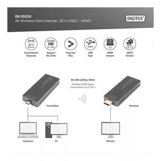 DIGITUS DS-55324 4K Wireless Video Extender Set, 30 m (USB-C - HDMI) DIGITUS DS-55324 4K Wireless Video Extender Set, 30 m (USB-C - HDMI)