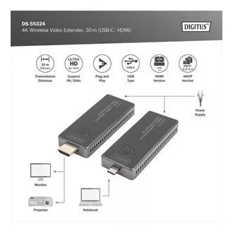 DIGITUS DS-55324 4K Wireless Video Extender Set, 30 m (USB-C - HDMI) DIGITUS DS-55324 4K Wireless Video Extender Set, 30 m (USB-C - HDMI)