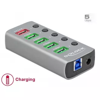 Delock USB 3.2 Gen 1 Hub mit 4 Anschlüssen 1 Schnellladeanschluss mit Schalter und Licht Delock USB 3.2 Gen 1 Hub mit 4 Anschlüssen 1 Schnellladeanschluss mit Schalter und Licht