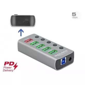 Delock USB 3.2 Gen 1 Hub mit 4 Anschlüssen 1 Schnellladeanschluss 1 USB-C™ PD 3.0 Anschluss mit Schalter und Beleuchtung Delock USB 3.2 Gen 1 Hub mit 4 Anschlüssen 1 Schnellladeanschluss 1 USB-C™ PD 3.0 Anschluss mit Schalter und Beleuchtung