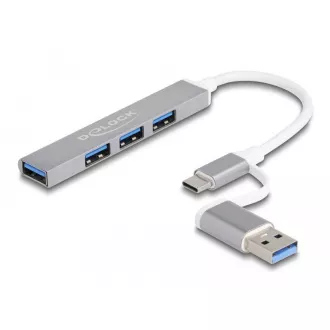 Delock 4-Port Slim-USB-Hub mit USB Typ-C™ oder USB Typ-A an 3 x USB 2.0 Typ-A Buchse   1 x USB 5 Gbps Typ-A Buchse